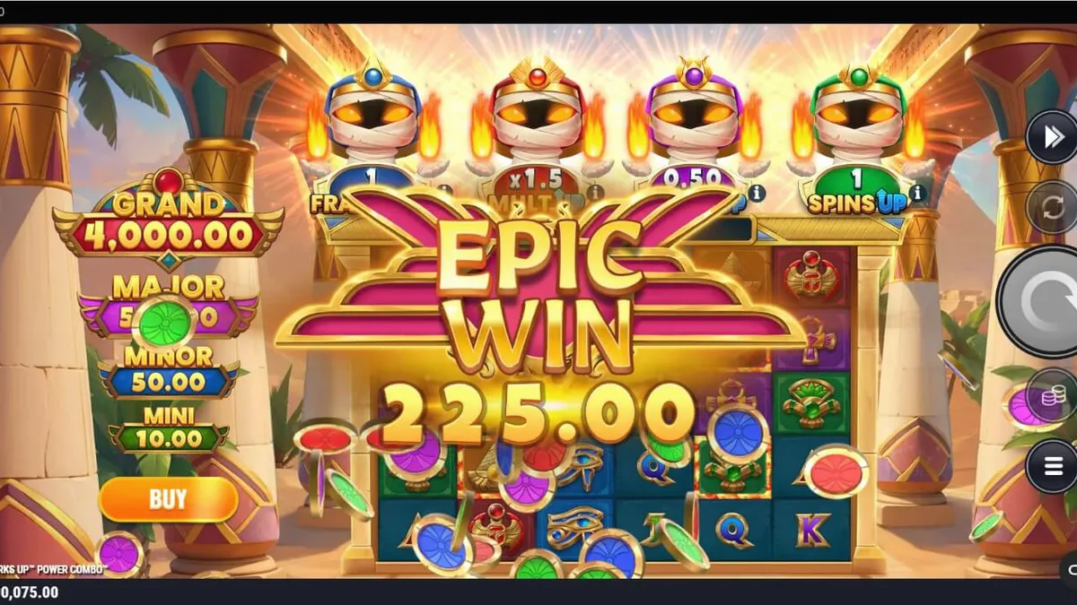 Tampilan visual slot Mummy Mania Perks Up Power Combo dengan latar belakang makam Mesir.
