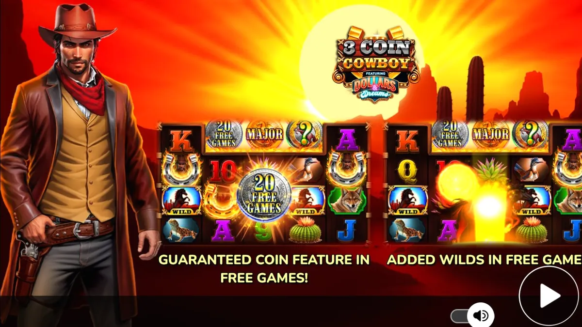 Pemandangan Wild West yang dramatis dengan simbol koboi dan koin emas di slot 3 Coin Cowboy Dollars & Dreams